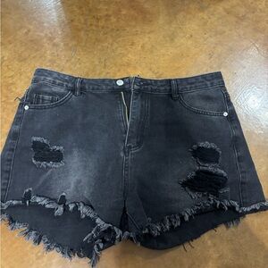 Distressed Black Denim Shorts